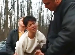 Hot wife fucks in the woods with two Men next to the lake