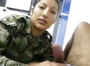 Brunette with military dress gives nice licking to her officers coc...