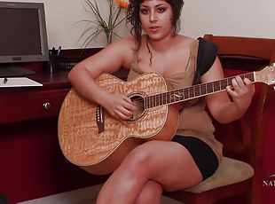 Super hot hairy thick big tit hippy with guitar - solo masturbation