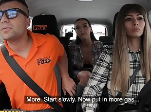 Czech Threesome in car Massive Tits Babes Dominno And Lady Gang Scr...