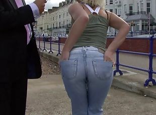 utendørs, pussy, hardcore, par, fingret, blond, jeans