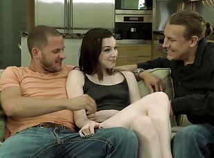 Two guys ravage Stoya's mouth and pussy in a hot threesome