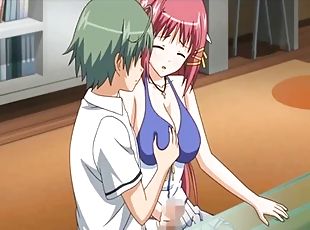 Anime swimsuit student jerking off and fucking wet pussy