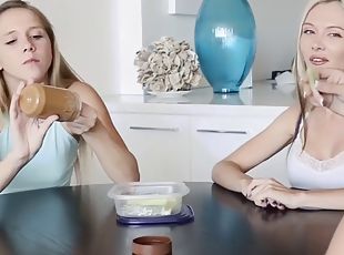 Elsa and hollie swallow a big meat