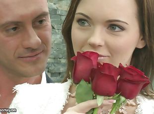 Impeccable brunette receives both the roses and the stiff dick