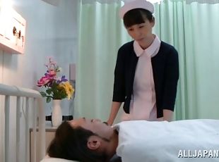 Japanese nurse fingers a patient's ass and lets him fuck her