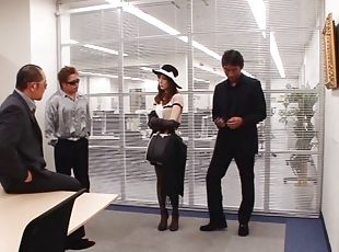 Fashionable Asian girl fucks three guys in the office