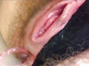 Hairy, Pumped Pussy, Piss, Anal Beads & Dildo. MESSY