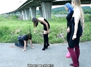 Walking a foot slave dog out with her 2 friends (foot domination, f...