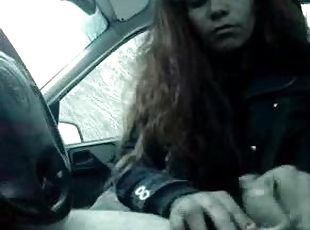 Girls blowing his little cock in the car
