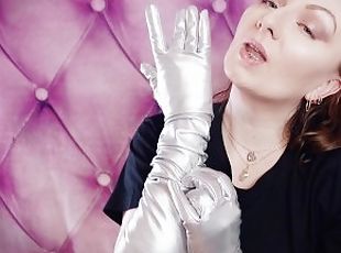 ASMR: long opera silver shiny gloves by Arya Grander. Fetish soundi...