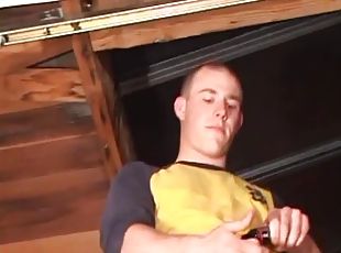 Perched in the rafters of an old garage, Cory Woodall strips down and starts stroking his cock. It doesnt take long for a huge drop of cum to fall ...