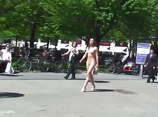 nudist, im-freien, öffentliche, hautenge, dilettant, fetisch, brunette, kleine-titten