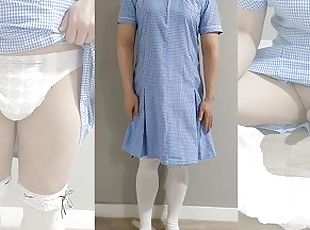 Crossdresser Wearing a Blue Gingham Dress and Jerking off on a pull...