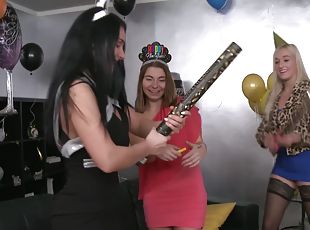 Sexy blonde gets a stripper as a surprise and they have lesbian sex
