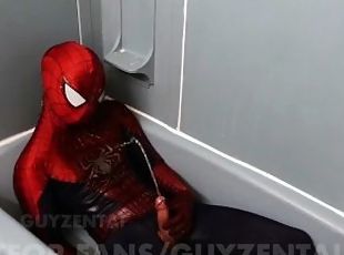 spiderman pisses all over his suit with hard cock, jerks off, cums in raised webbing spidey costume