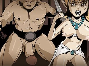 Naked dungeos &amp; dragons fantasy elf girl running from big dicked cave troll in hentai cartoon style.