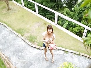 Long haired Asian cutie has her hairy twat slammed outdoors till or...