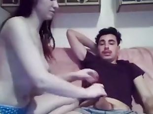 Camgirl with suckable titties works a dick