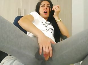 Girl with a wet pussy in pants with a hole goes on a orgasmic rampage