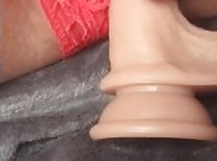 Realistic dildo fucking wet hole in beautiful red lace panty mastur...