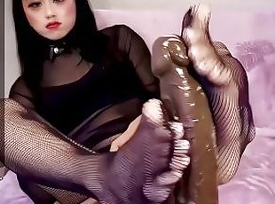 POV Asian Girl Fishnet Pantyhose Footjob BBC Dildo