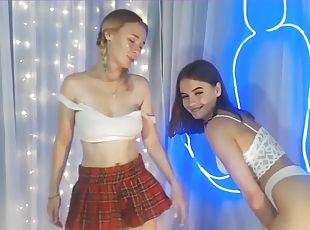 Two teen brunette angels slutty in miniskirt