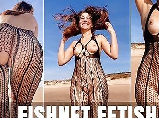 nudist, öffentliche, dilettant, strand, fischnetz, fetisch, allein