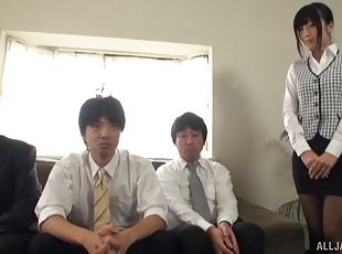 Pretty Japanese girl Ootsuki Hibiki drops on her knees to suck dicks