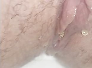 luscious hairy pink pussy peeing in bathroom, close-up tight pussy ready to be destroyed