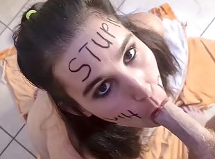 Stupid whore with deepthroat face fucking, slapping and spitting. Pissing on face