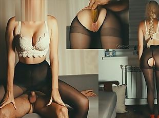 Sex with a beautiful girl in black pantyhose using a banana and fir...