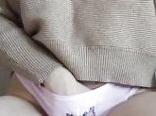 woman in stockings, thong with hello kitty and pink anal plug jerks...