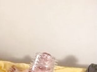 Sex toy frantic POV wank. Big cock masturbated on bed by hung strai...