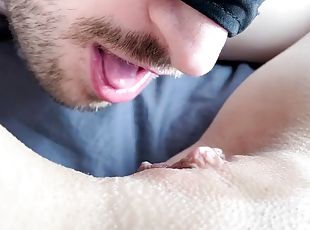 Blindfolded guy eats pussy up close