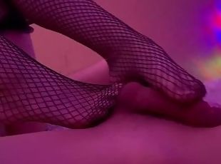 footjob in fishnet stockings and cum on feet