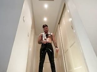 gay, escravo, pés, latex, sozinho, musculado, gigante, tatuagem, cabedal