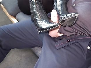 business woman giving handjob with cum on snake ankle boots end - b...
