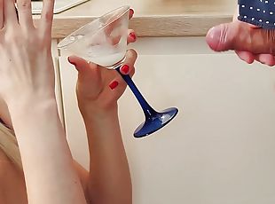 Sexy MILF blowjob. Drinks sperm from a glass. Version 2