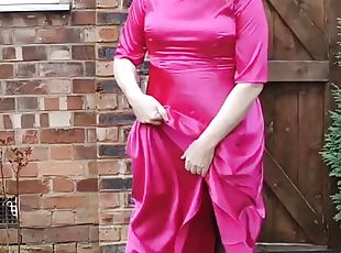 Hot sissy crossdresser outdoors in full length hot pink satin