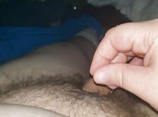Chubby enby wearing ball stretcher spurts thick cum and moans after two hours of gooning
