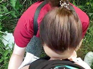 Outdoor public blowjob with creampie from a shy girl in the bushes ...
