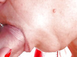 MILF in sexy red leather dress gives close-up blowjob and swallows ...