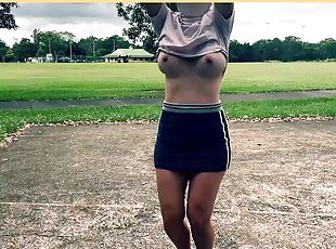 The wife dares to play basketball without bra and panties in a shor...