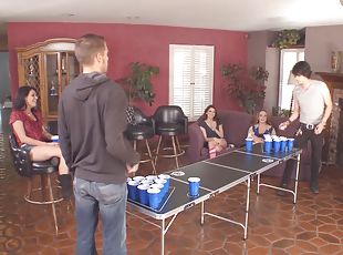 Sexy girls and guys like to play beer pong while they strip