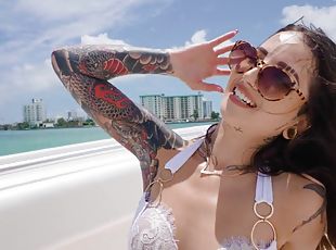 Tattooed hottie Valerica Steele fucking with a bald guy on the boat
