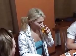 Group of horny people decides to surprise cute blonde with hard gro...