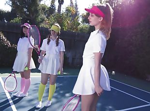 Daphne Dare plays tennis with her friend before horny dude destroys their pussies