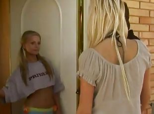 Blonde cuties Angie Love and Liliane Tiger share a cock indoors
