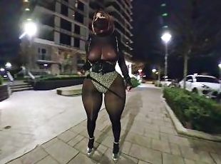 Curvy crossdresser showed off big boobs to some strangers in public